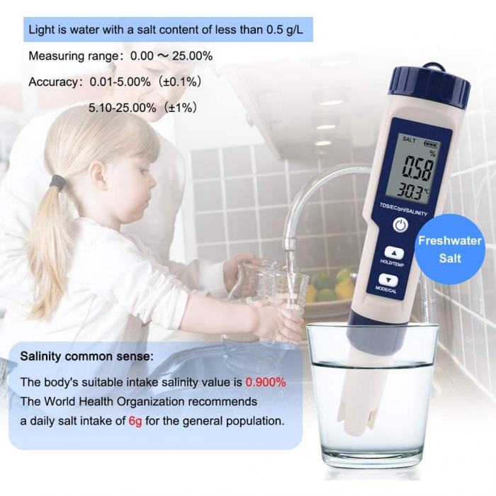 Tester Profesional Calitate Apa 5in1, salinitate,PH,TDS,EC si temperatura [6]