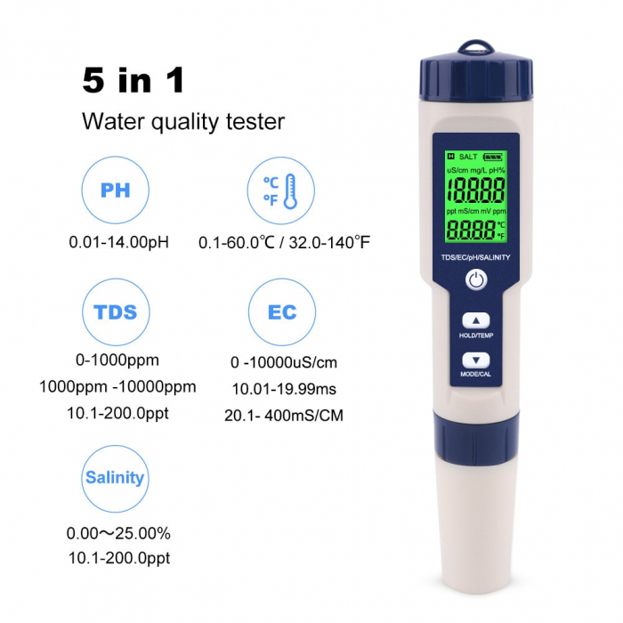 Tester Profesional Calitate Apa 5in1, salinitate,PH,TDS,EC si temperatura [2]
