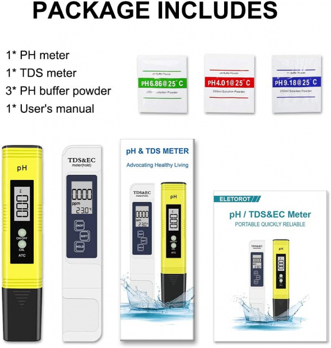 Set testere apa digitale profesionale, calitate apa 4in1, solutii de calibrare, TDS,EC,PH si temperatura [2]