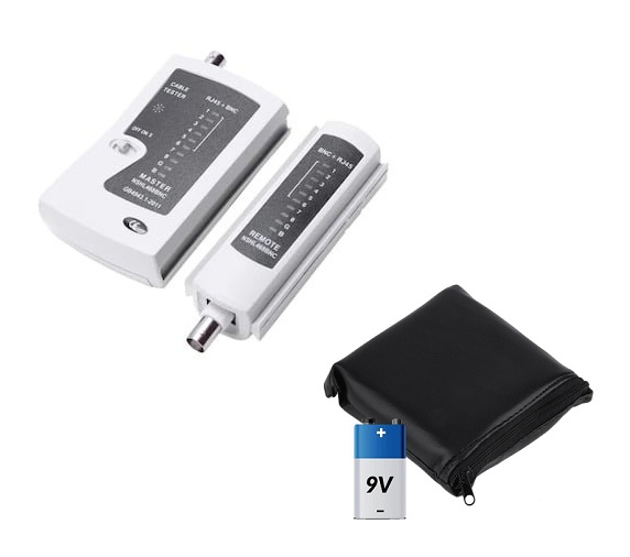 Tester cablu de retea LAN mufe RJ45 cu mufe BNC, baterie 9V si gentuta inclusa