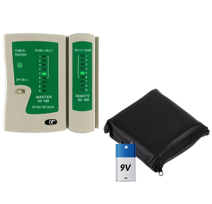 Tester cablu de retea LAN RJ 45 si RJ 11, baterie 9V si husa inclusa