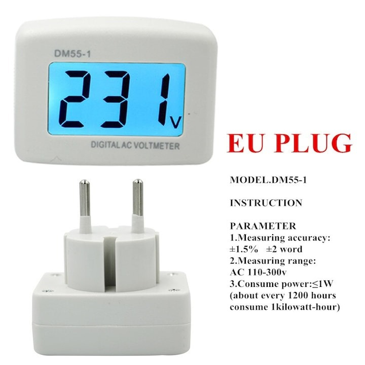 Tester de tensiune, voltmetru digital pentru uz casnic, cu stecher pentru priza inclus, 80-300V - Alb [3]