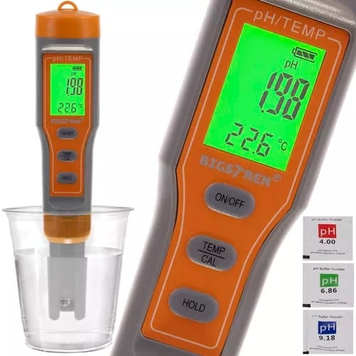 Tester digital apa, afisaj LCD, temperatura si pH, pentru uz casnic, piscina, acvariu, portocaliu gri