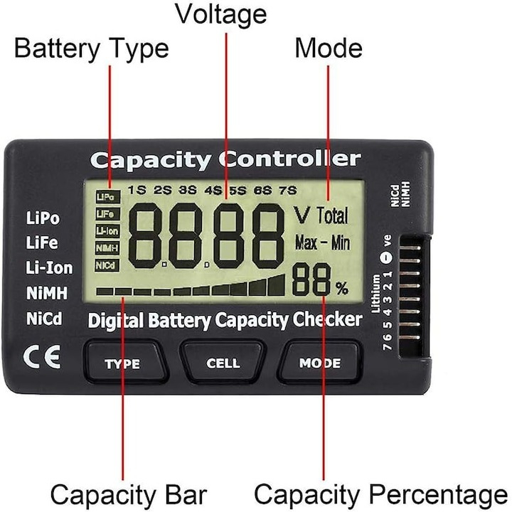 Tester digital pentru masurarea capacitatii bateriiilor de tip LiPo, NiMH, Li-Ion - Negru [2]