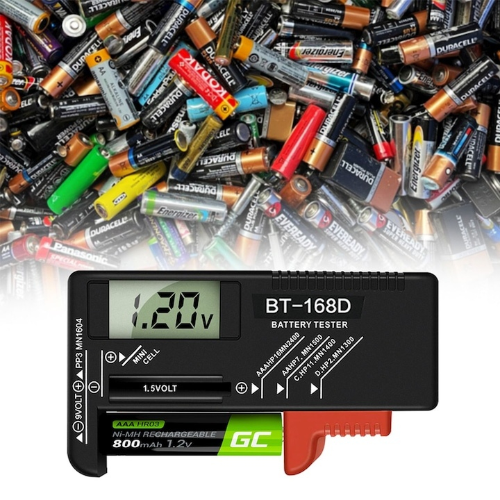 Tester digital pentru tensiunea bateriilor, afisaj LCD, compatibil 1.5V-9V, universal pentru baterii uzuale, negru [10]