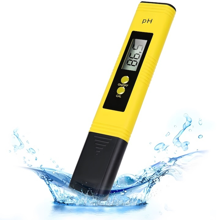 Tester digital pH pentru apa, gama 0.00–14.00, precizie 0.01, autocalibrare, solutii tampon incluse, afisaj LCD, husa protectie, galben-negru [9]