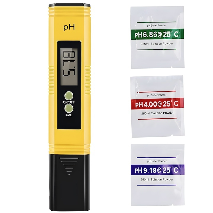 Tester digital pH pentru apa, gama 0.00–14.00, precizie 0.01, autocalibrare, solutii tampon incluse, afisaj LCD, husa protectie, galben-negru [12]