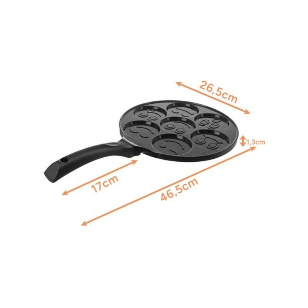 Tigaie pentru clatite, 7 forme cu fete amuzante, aluminiu/otel inoxidabil, diametru forma 6.5 cm, dimensiune tigaie 26 cm, negru [15]