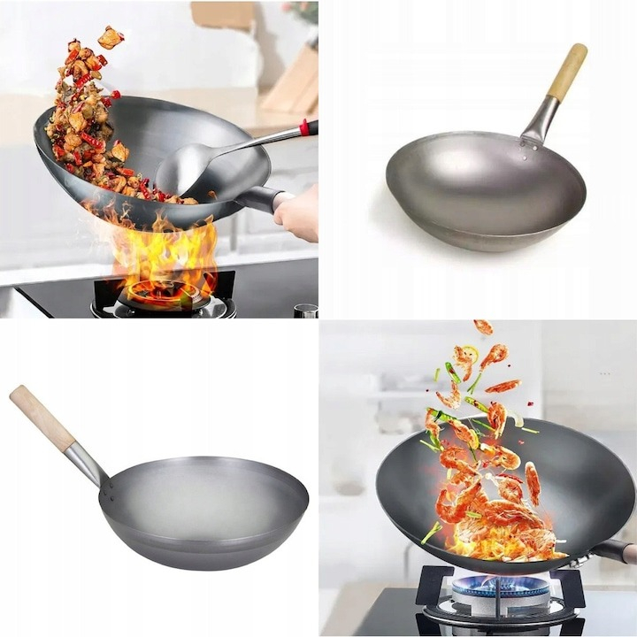 Tigaie Wok profesionala, din otel carbon cu fund rotund 32.5 cm [3]