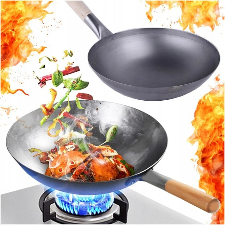 Tigaie Wok profesionala, din otel carbon cu fund rotund 32.5 cm [7]