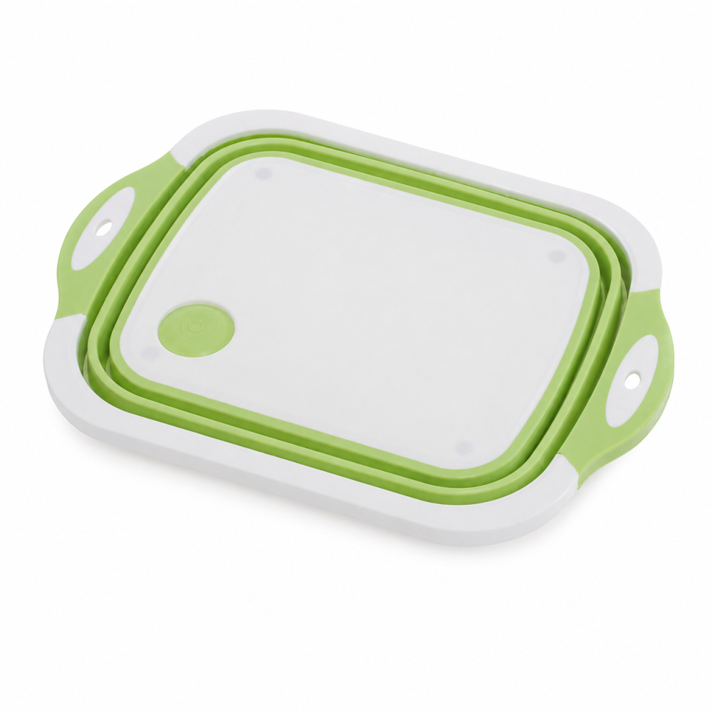 Tocator pliabil multifunctional 3 in 1 verde, vas pentru spalat legume si fructe, cos depozitare, tocator cu dop de scurgere, silicon si PVC, 38 x 29 x 11 cm [3]