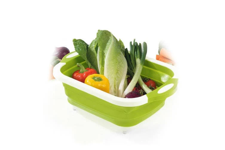 Tocator pliabil multifunctional 3 in 1 verde, vas pentru spalat legume si fructe, cos depozitare, tocator cu dop de scurgere, silicon si PVC, 38 x 29 x 11 cm [4]