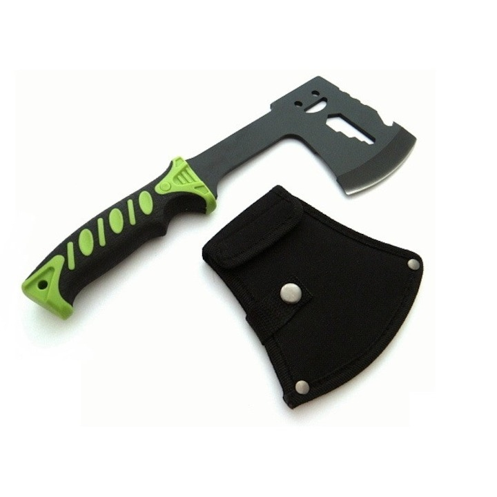 Topor multifunctional, pentru camping, drumetii, 30 cm, verde, husa inclusa [4]