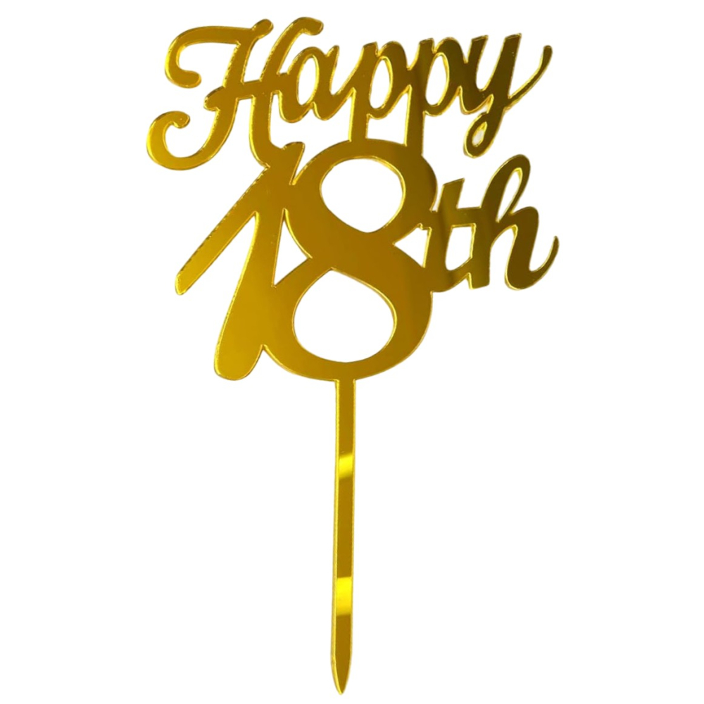 Topper Decorativ pentru Tort Happy 18th, Acrilic Auriu cu Efect Oglinda, 10 cm, Decor Majorat, Accesoriu pentru Aniversare 18 Ani [1]