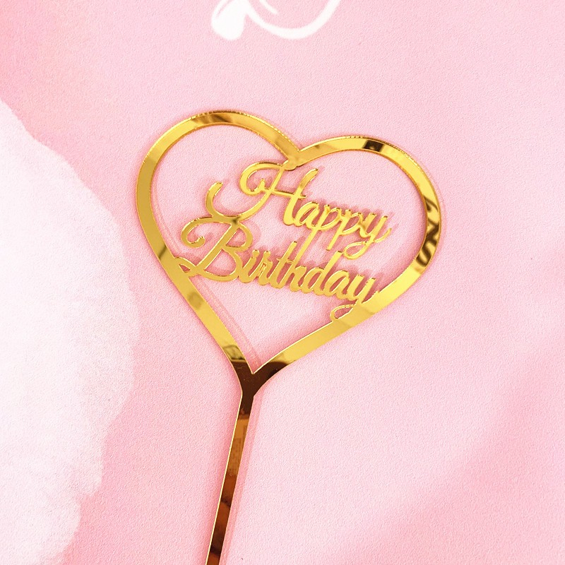 Topper tort auriu Happy Birthday, model inimioara, decor aniversar elegant [3]