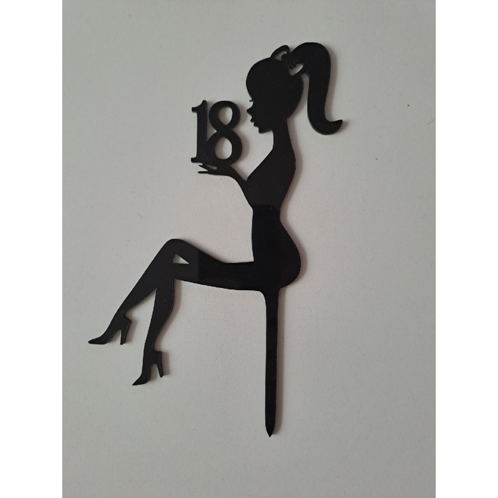 Topper Tort Negru 16 x 11.5 cm, Decoratiune Majorat 18 Ani, Silueta Fata cu Cifra 18, Accesoriu pentru Tort Aniversar, Reutilizabil [3]