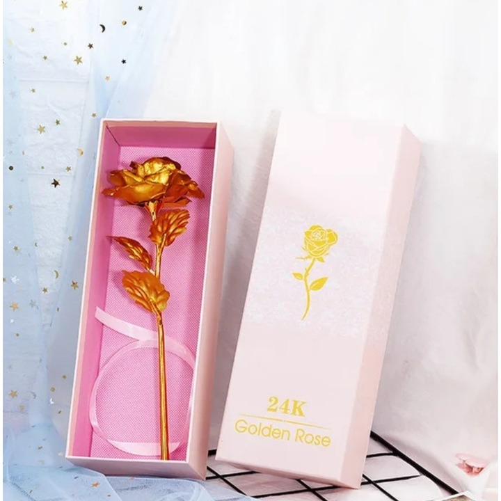 Trandafir artificial, suflat cu aur 24K, cutie eleganta, punga de cadou inclusa, auriu [9]