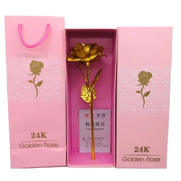 Trandafir artificial, suflat cu aur 24K, cutie eleganta, punga de cadou inclusa, auriu [8]