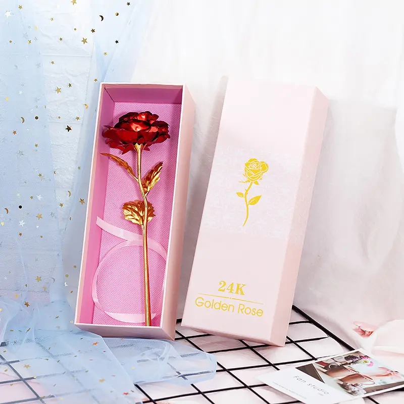 Trandafir artificial, suflat cu aur 24K, cutie eleganta, punga de cadou inclusa, rosu [11]