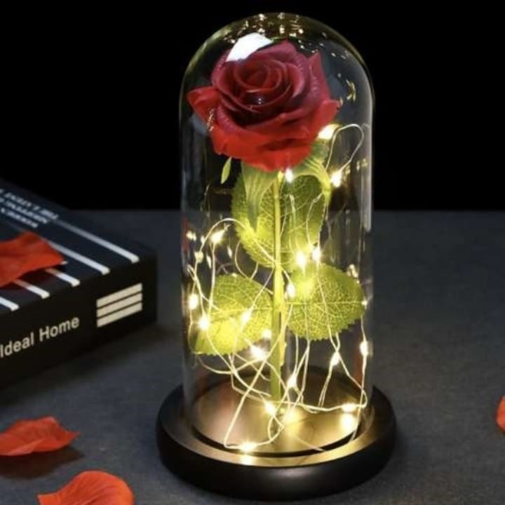 Trandafir criogenat in cupola de sticla cu lumini LED, cadou romantic pentru ocazii speciale, 22 cm, iluminare alb cald [9]