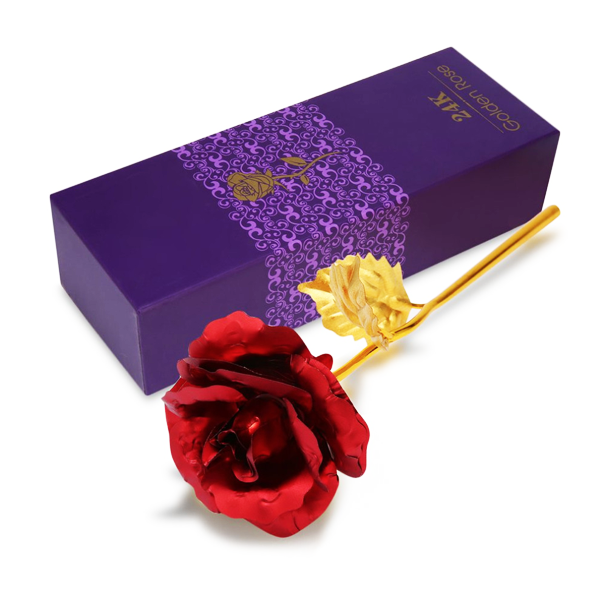 Trandafir rosu suflat cu aur 24k, realizat din material plastic cu reflexii si aspect de diamant,ambalat in cutie eleganta. [5]