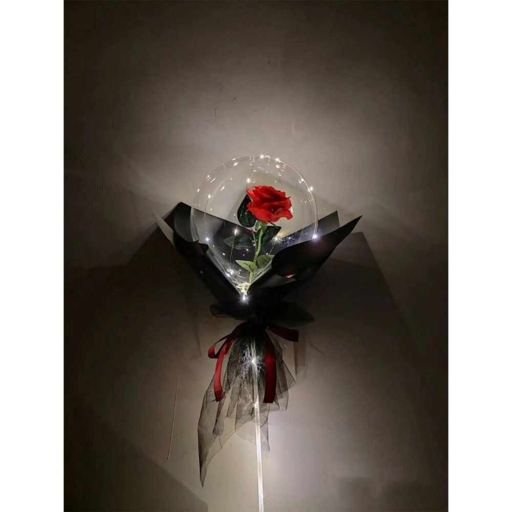 Trandafir decorativ in balon transparent cu lumini LED, tip buchet, efect elegant si romantic, diametru 35 cm, rosu [2]