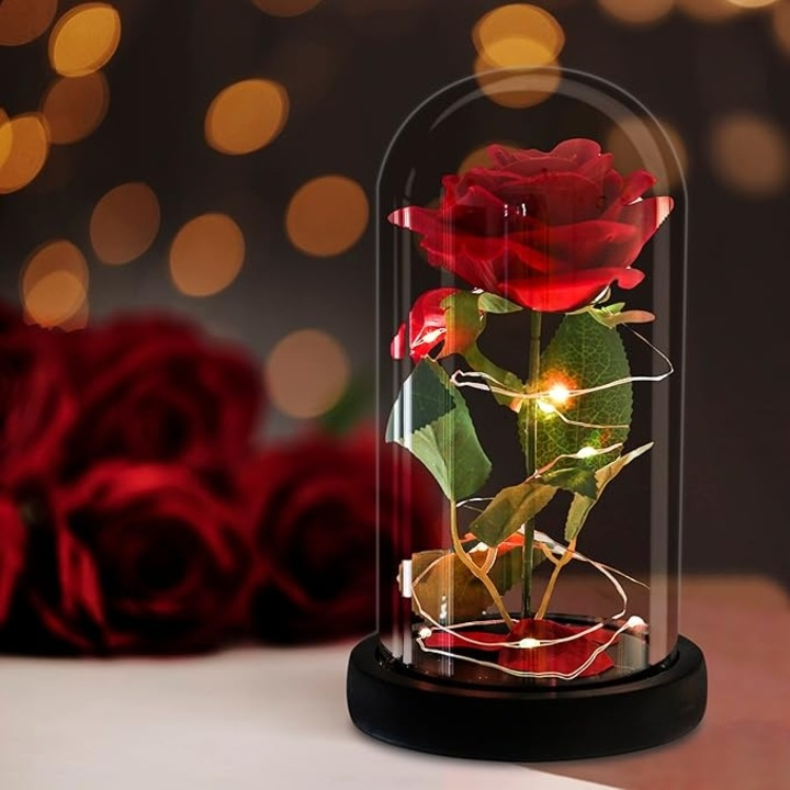 Trandafir decorativ in cupola de sticla, cu LED, cutie eleganta pentru cadou, 21 x 11 cm, rosu – simbolul iubirii eterne [4]