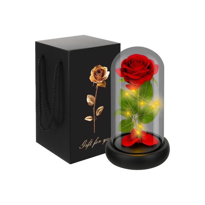 Trandafir decorativ in cupola de sticla, cu LED, cutie eleganta pentru cadou, 21 x 11 cm, rosu – simbolul iubirii eterne [11]