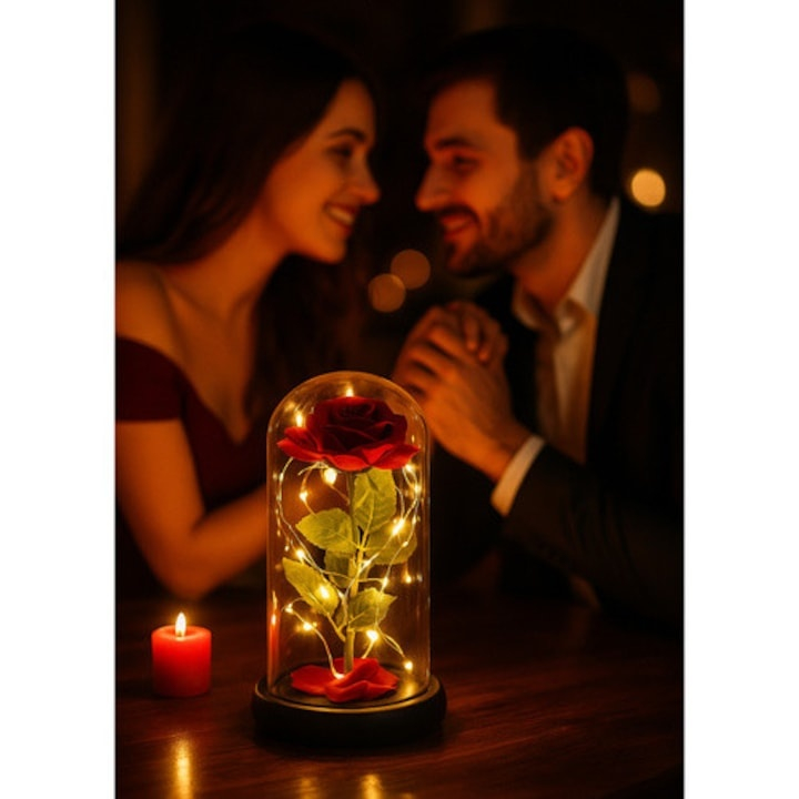 Trandafir decorativ in cupola de sticla, cu LED, cutie eleganta pentru cadou, 21 x 11 cm, rosu – simbolul iubirii eterne [5]