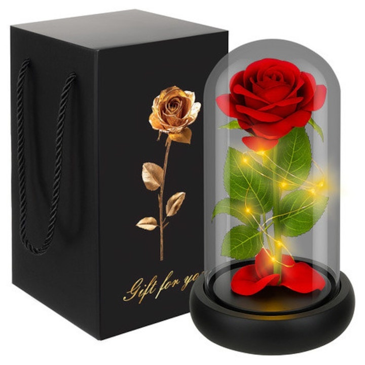 Trandafir decorativ in cupola de sticla, cu LED, cutie eleganta pentru cadou, 21 x 11 cm, rosu – simbolul iubirii eterne [3]