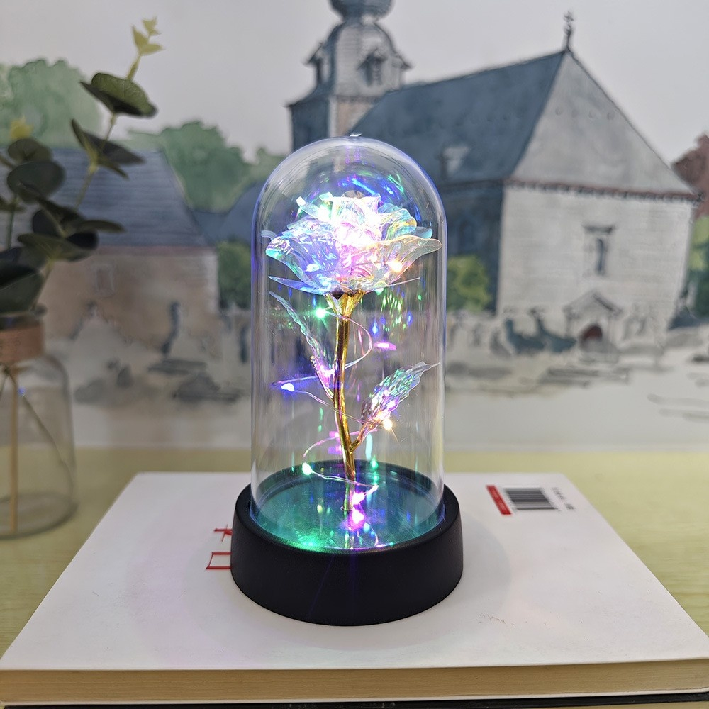 Trandafir etern argintiu iluminat cu LED multicolor, cupola transparenta acrilica, decor elegant pentru casa, 8.5 x 15 cm [3]