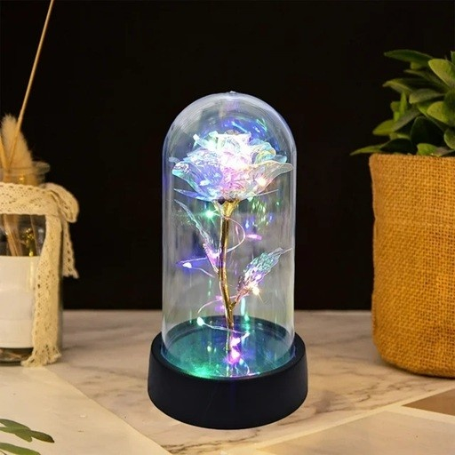 Trandafir etern argintiu iluminat cu LED multicolor, cupola transparenta acrilica, decor elegant pentru casa, 8.5 x 15 cm [4]