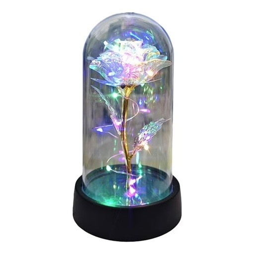 Trandafir etern argintiu iluminat cu LED multicolor, cupola transparenta acrilica, decor elegant pentru casa, 8.5 x 15 cm [1]