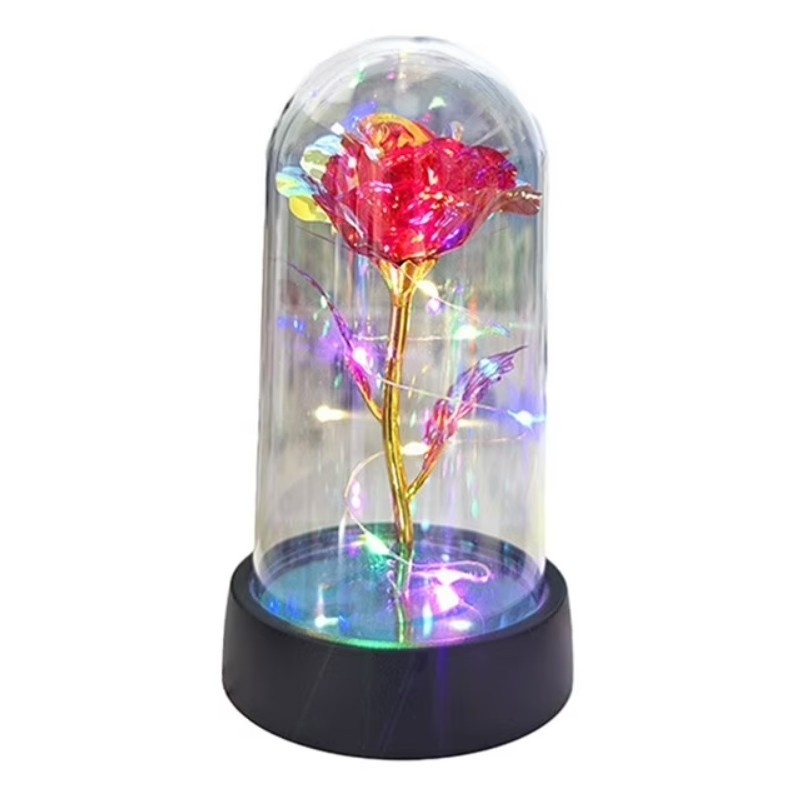 Trandafir LED, multicolor, etern, cupola acrilica transparenta, decor romantic pentru casa, 8.5 x 15 cm, rosu [1]