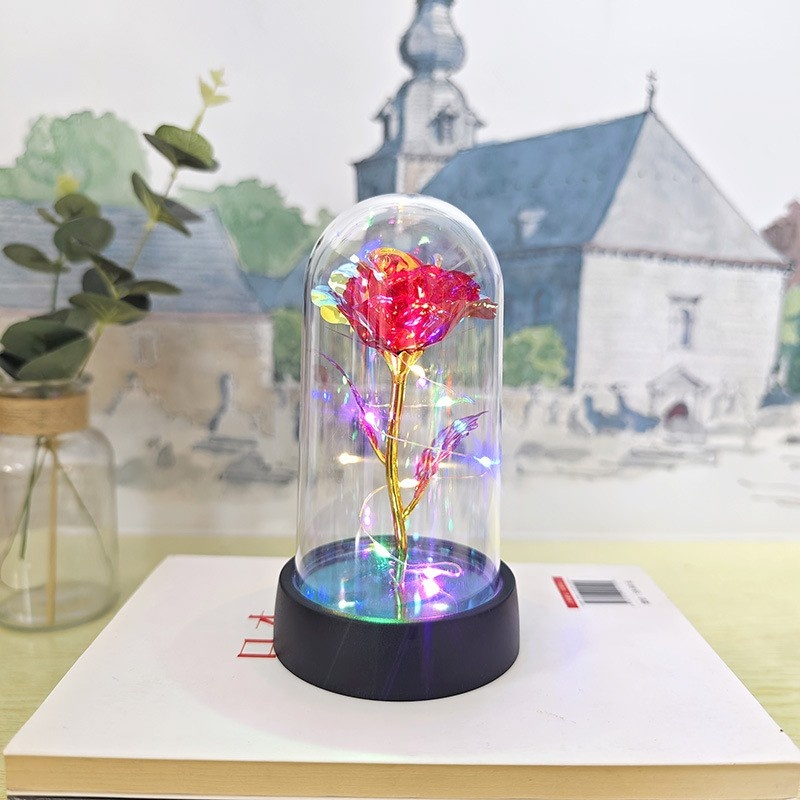 Trandafir LED, multicolor, etern, cupola acrilica transparenta, decor romantic pentru casa, 8.5 x 15 cm, rosu [2]