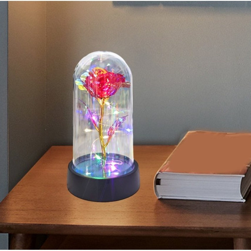 Trandafir LED, multicolor, etern, cupola acrilica transparenta, decor romantic pentru casa, 8.5 x 15 cm, rosu [4]