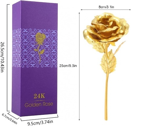 Trandafir auriu suflat cu aur 24k, realizat din material plastic cu reflexii si aspect de diamant,ambalat in cutie eleganta. [2]