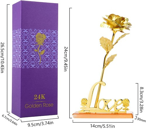 Trandafir suflat cu aur de 24K - Auriu + Suport Love,ambalat in cutie eleganta. [2]