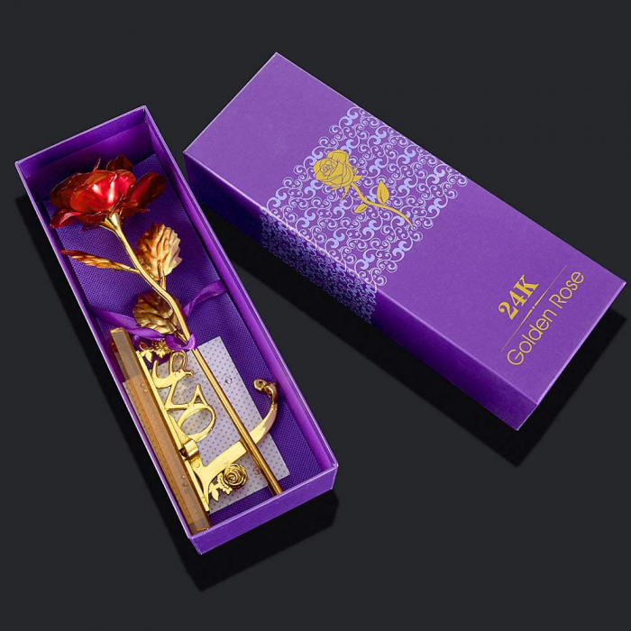 Trandafir suflat cu aur de 24K - Rosu + Suport Love [7]