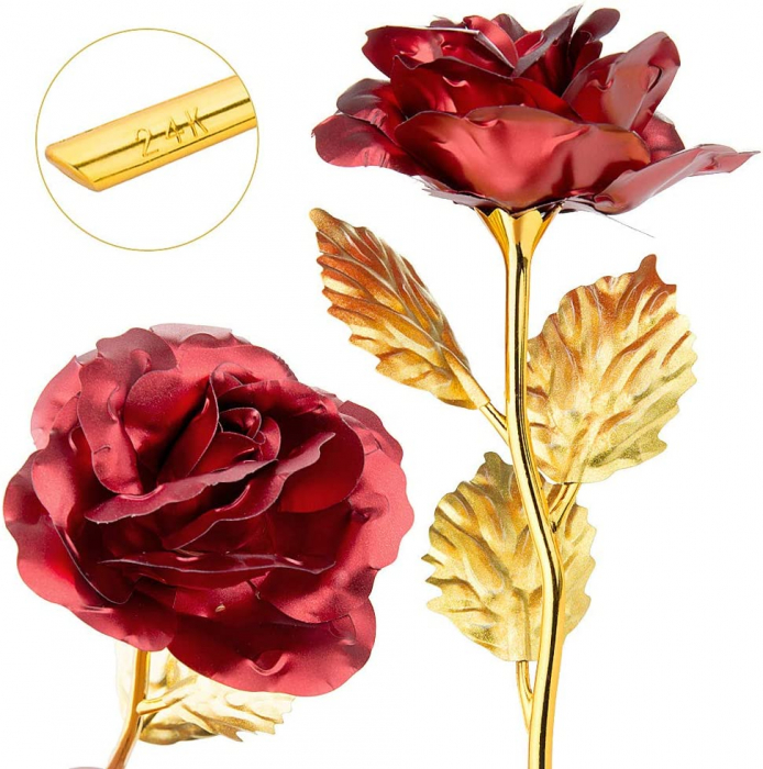 Trandafir suflat cu aur de 24K - Rosu + Suport Love [6]