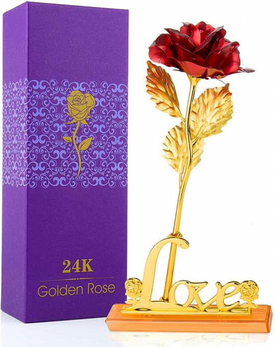 Trandafir suflat cu aur de 24K - Rosu + Suport Love [4]