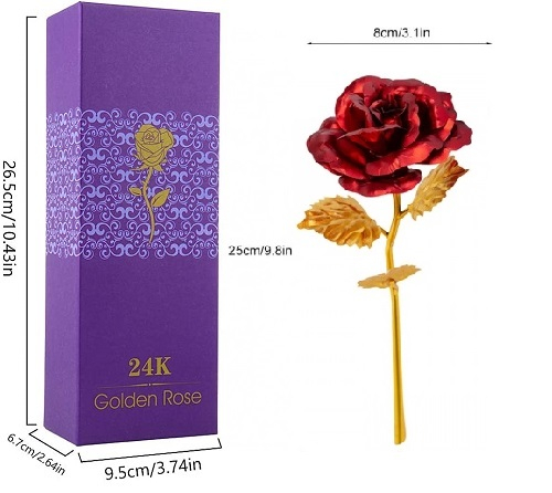 Trandafir rosu suflat cu aur 24k, realizat din material plastic cu reflexii si aspect de diamant,ambalat in cutie eleganta. [2]