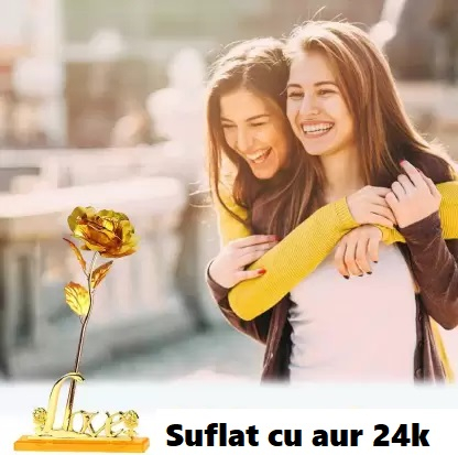 Trandafir suflat cu aur de 24K - Auriu + Suport Love,ambalat in cutie eleganta. [6]
