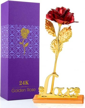 Trandafir suflat cu aur de 24K - Rosu + Suport Love si punga de cadou inclusa [2]