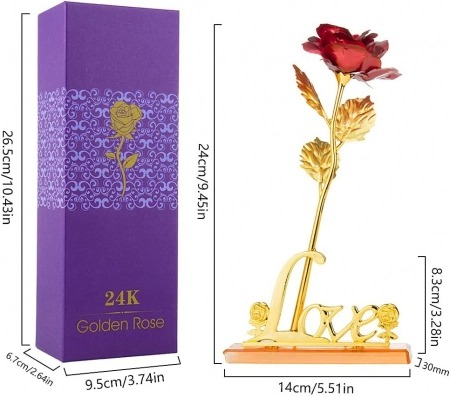 Trandafir suflat cu aur de 24K - Rosu + Suport Love si punga de cadou inclusa [3]