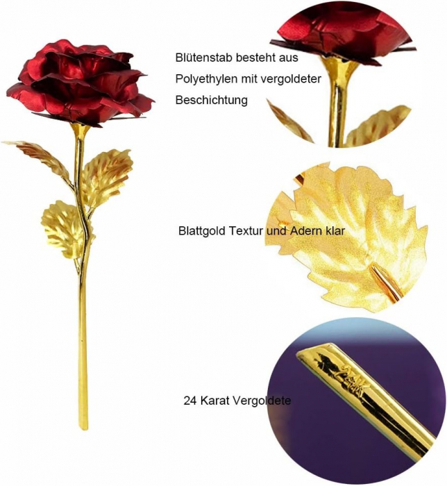 Trandafir suflat cu aur de 24K - Rosu + Suport Love si punga de cadou inclusa [4]