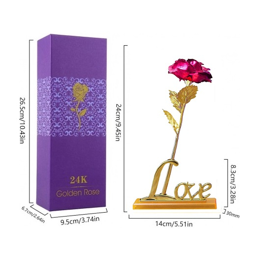 Trandafir suflat cu aur de 24K - Roz + Suport Love [2]
