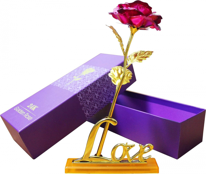 Trandafir suflat cu aur de 24K - Roz + Suport Love [3]