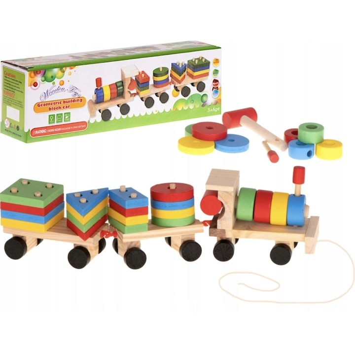 Trenulet de jucarie din lemn, 30 cm, multicolor – cu forme geometrice, puzzle arcade, locomotiva + 2 vagoane, blocuri detasabile, pentru copii 3+ [3]