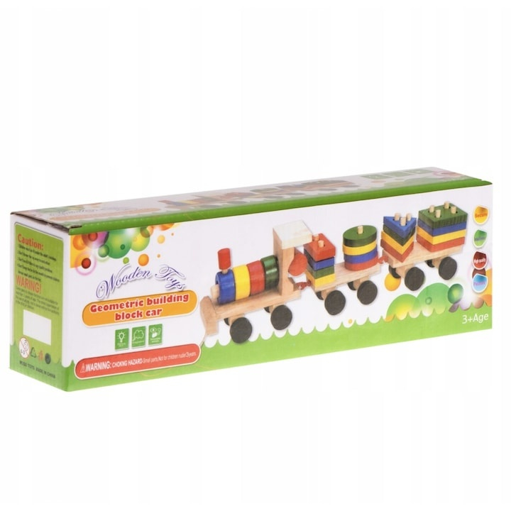 Trenulet de jucarie din lemn, 30 cm, multicolor – cu forme geometrice, puzzle arcade, locomotiva + 2 vagoane, blocuri detasabile, pentru copii 3+ [2]